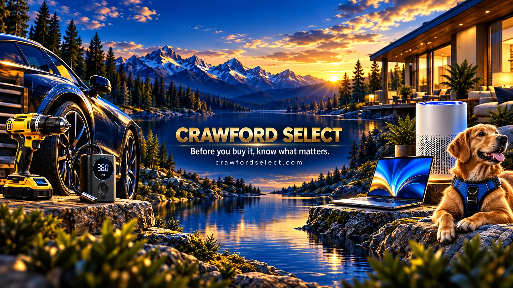 Crawford Select — Before you buy it, know what matters. Blue-and-gold artwork featuring tools, car accessories, technology, home comfort, and pet gear.